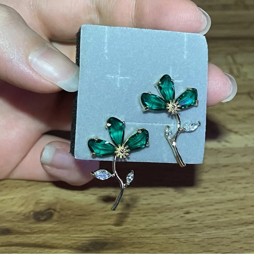 Green Flower Stem Women Earrings  14K Gold Plated
